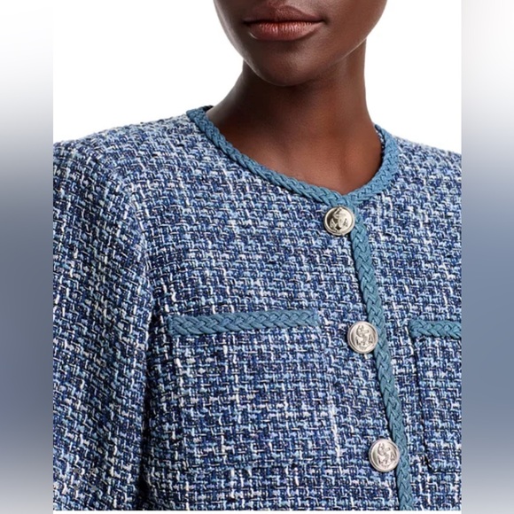 NWT AQUA Bloomingdale’s Tweed Boxy Blazer Blue Silver SMALL Designer Inspired - Picture 5 of 13